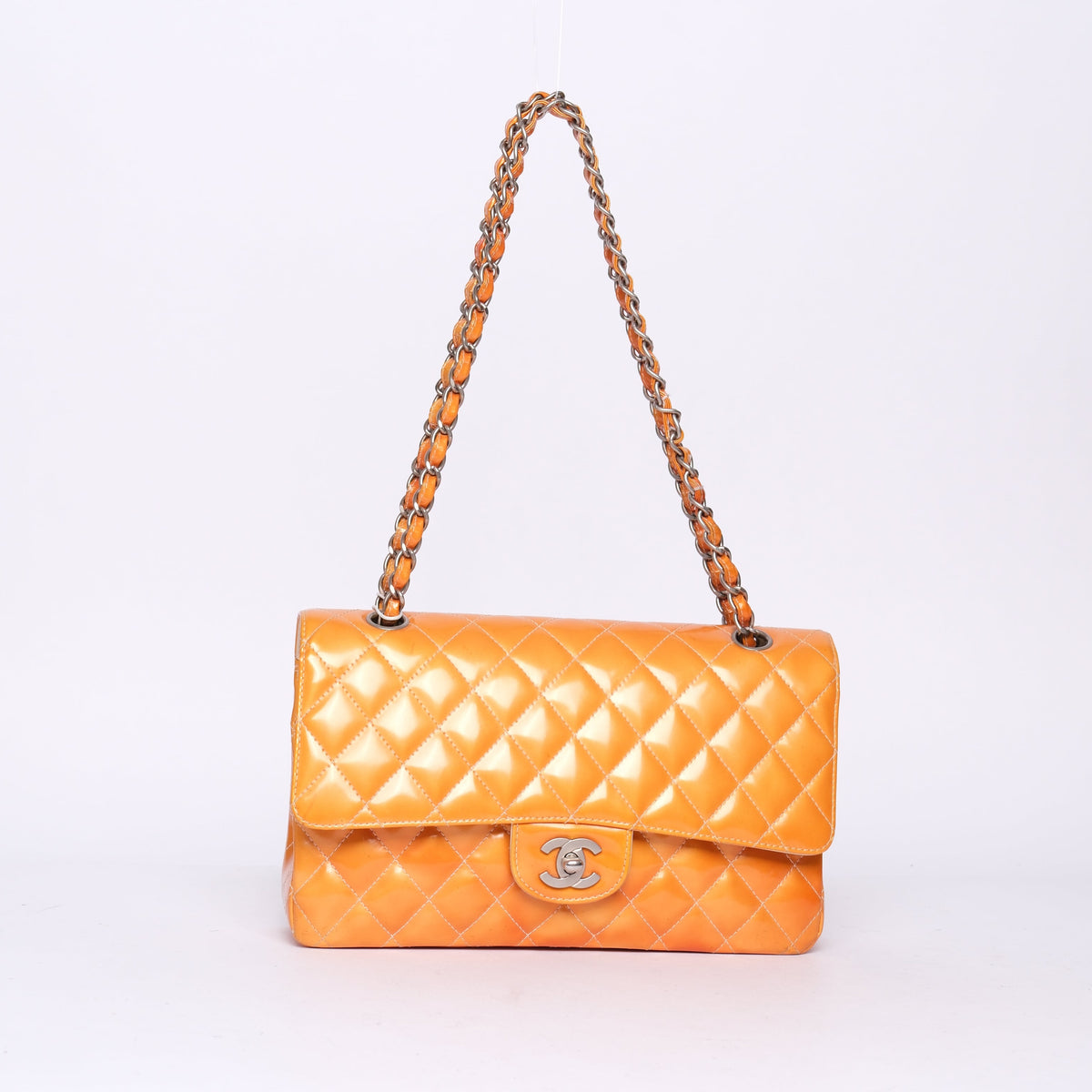 Chanel Orange Patent Leather Quilted Matelasse Double Flap Shoulder Bag