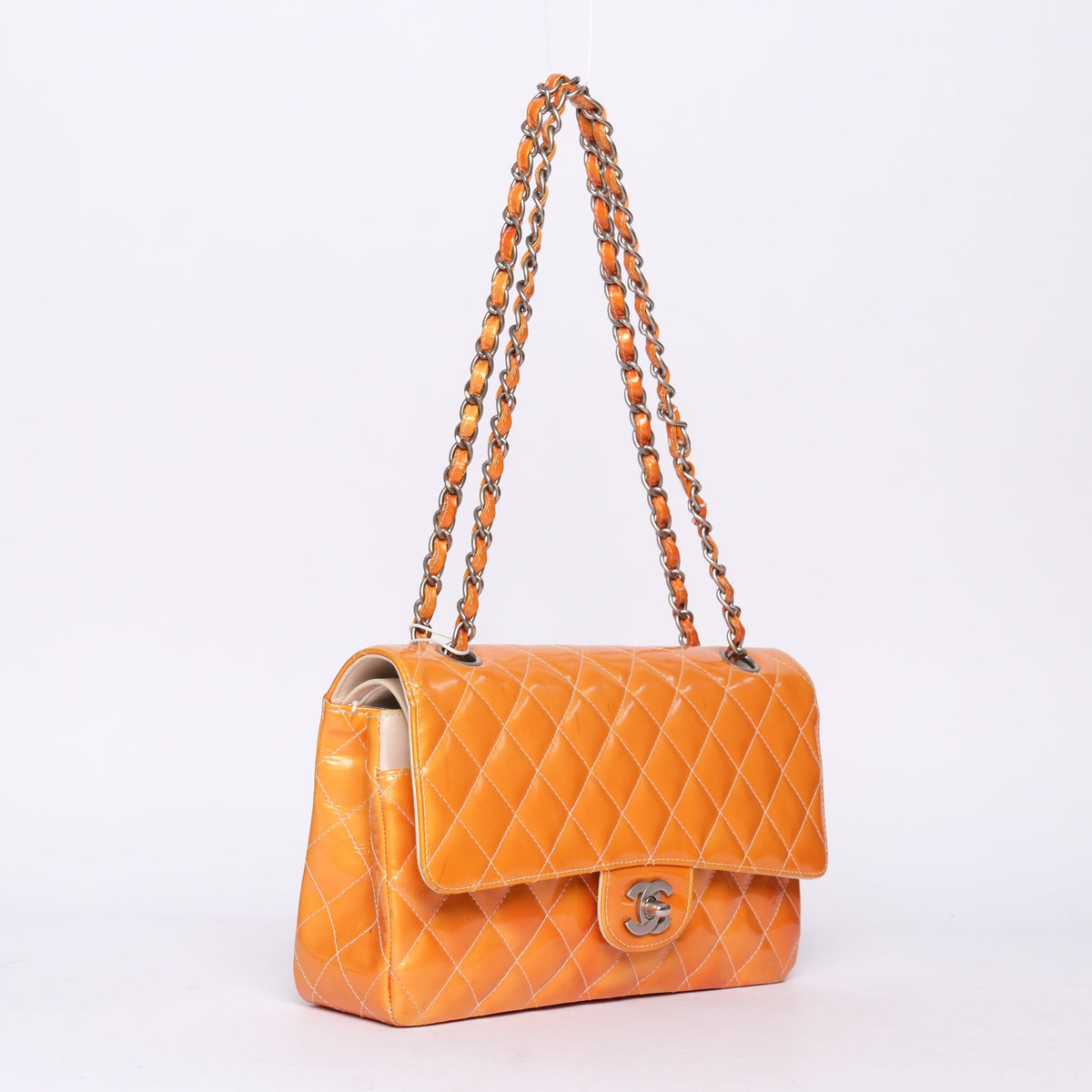 Chanel Orange Patent Leather Quilted Matelasse Double Flap Shoulder Bag
