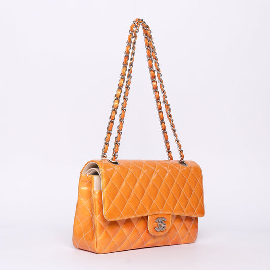 Chanel Orange Patent Leather Quilted Matelasse Double Flap Shoulder Bag