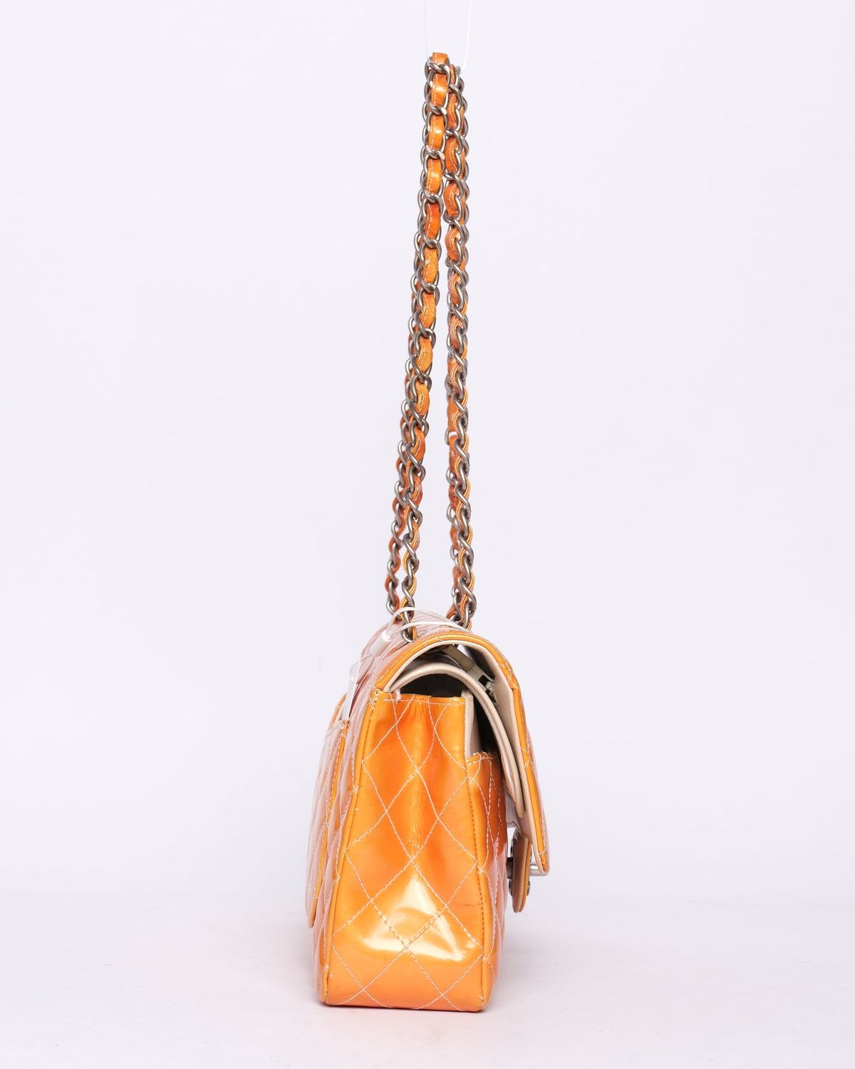 Chanel Orange Patent Leather Quilted Matelasse Double Flap Shoulder Bag
