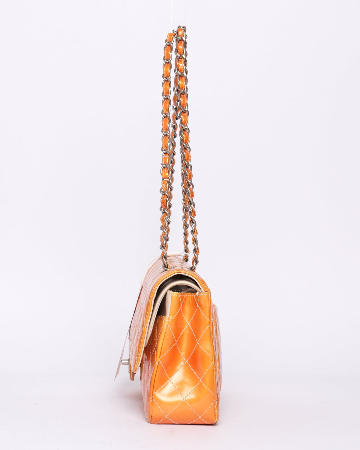 Chanel Orange Patent Leather Quilted Matelasse Double Flap Shoulder Bag