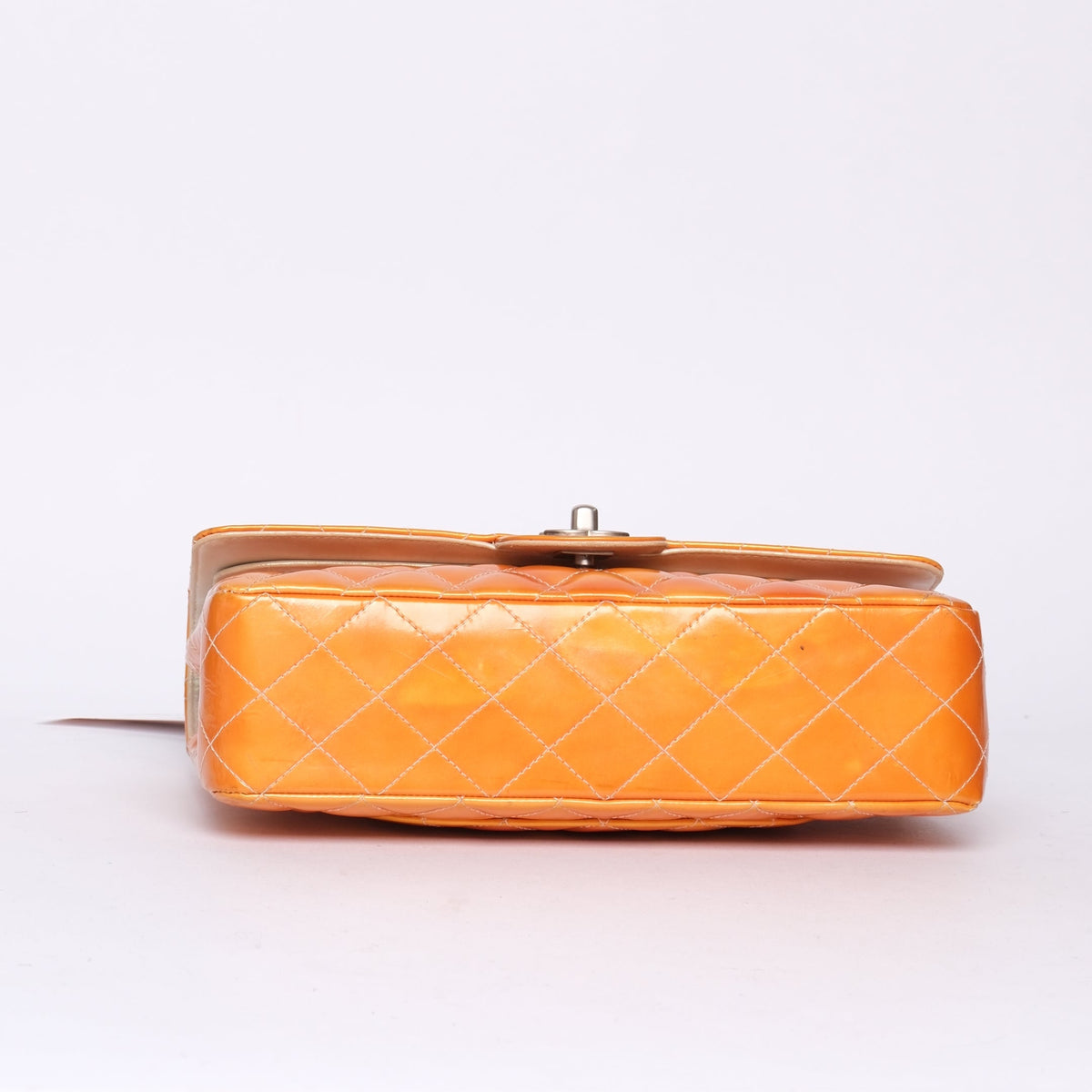 Chanel Orange Patent Leather Quilted Matelasse Double Flap Shoulder Bag