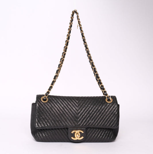 Chanel Black Lambskin Leather Chevron Flap GHW