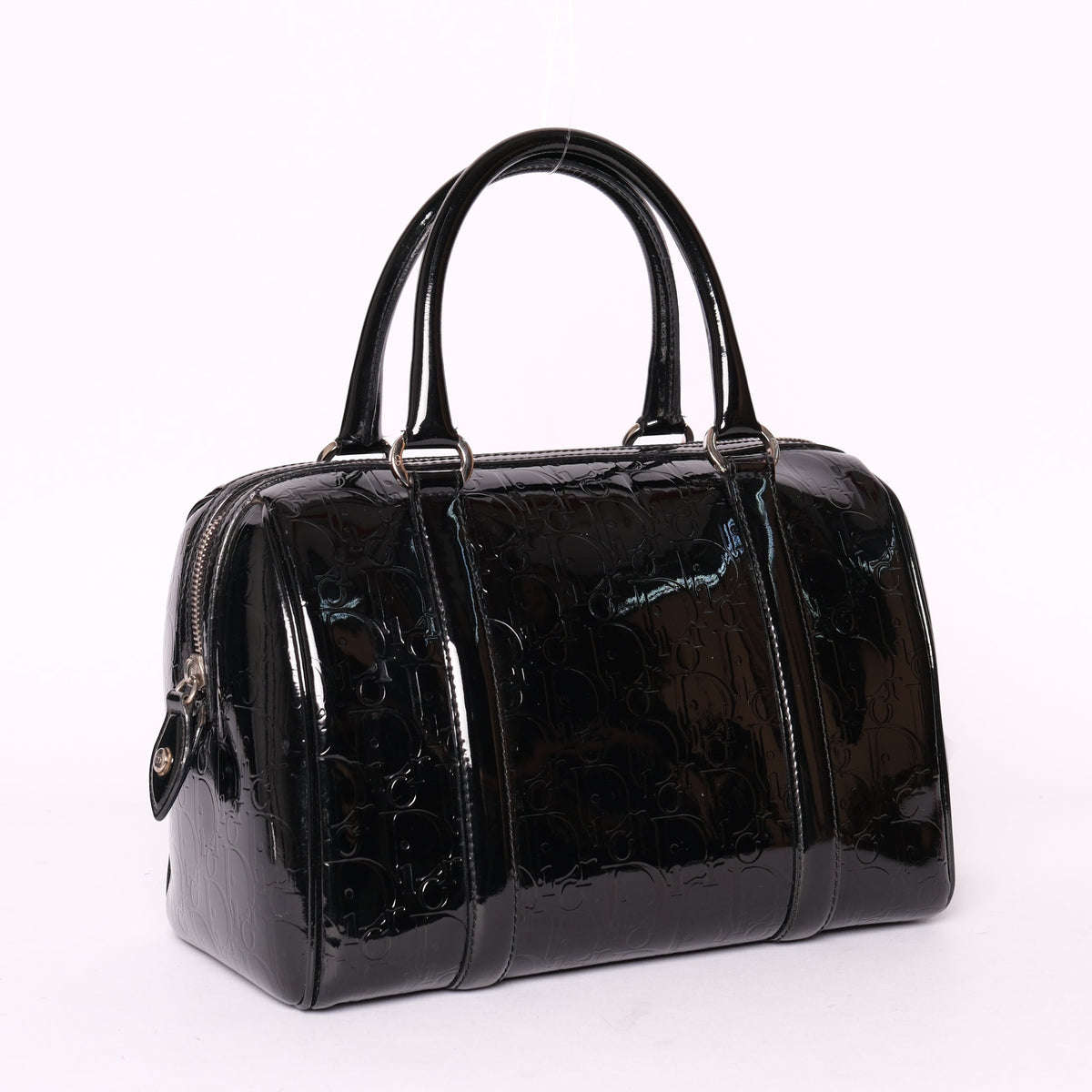 Christian Dior Black Patent Leather Trotter Monogram Boston Bag