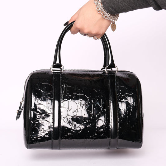 Christian Dior Black Patent Leather Trotter Monogram Boston Bag