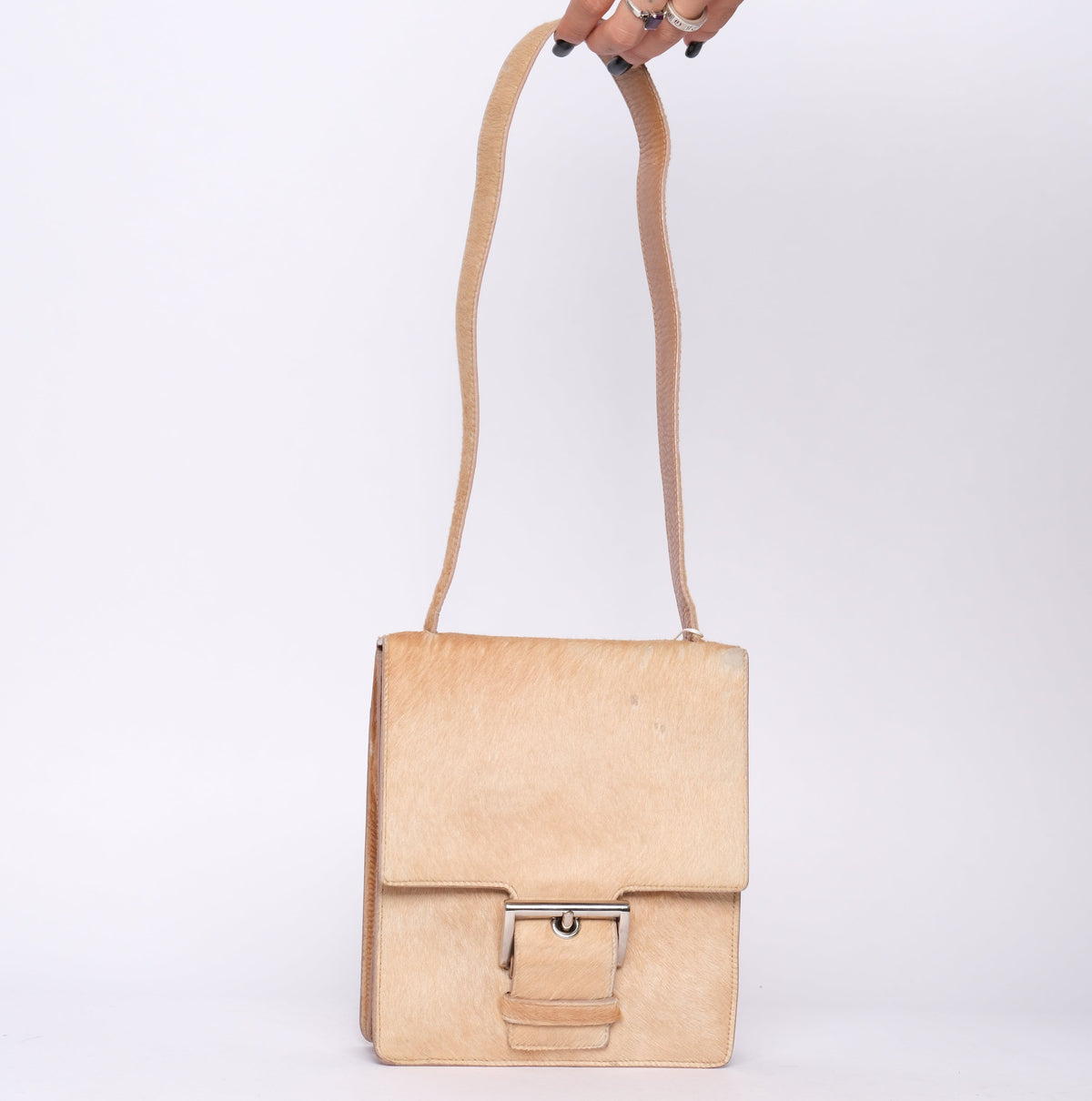 Prada Brown Ponyhair Buckle Front Shoulder Bag