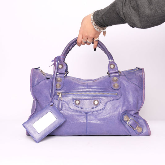 Balenciaga Purple Work City Bag w/ Silver Giant Hardware