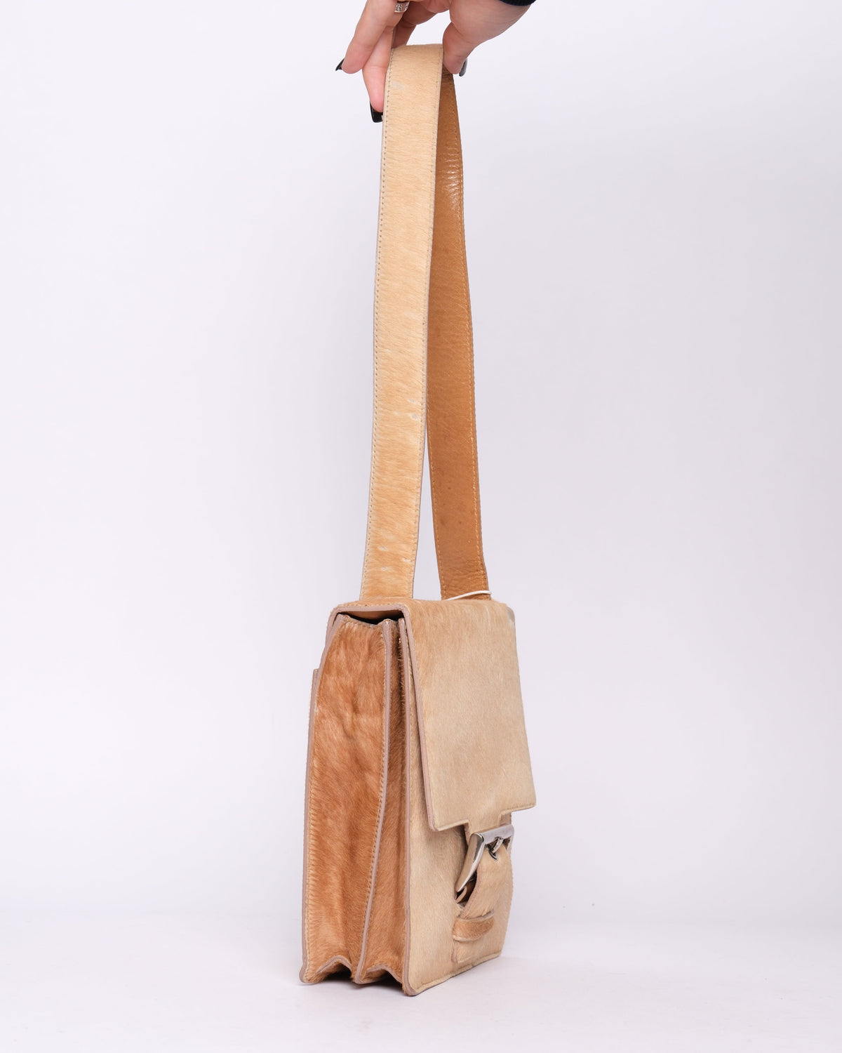 Prada Brown Ponyhair Buckle Front Shoulder Bag