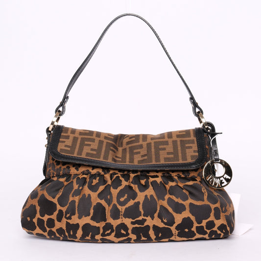 Fendi Brown Nylon & Leather Cheetah Print Zucca Monogram Chef Bag