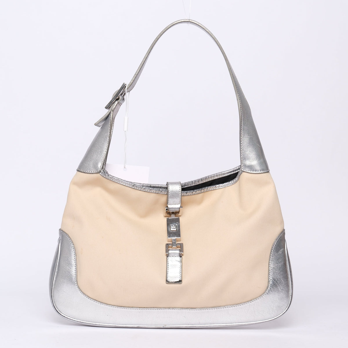 Gucci Beige Canvas & Silver Leather Jackie Bardot Shoulder Bag