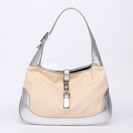 Gucci Beige Canvas & Silver Leather Jackie Bardot Shoulder Bag
