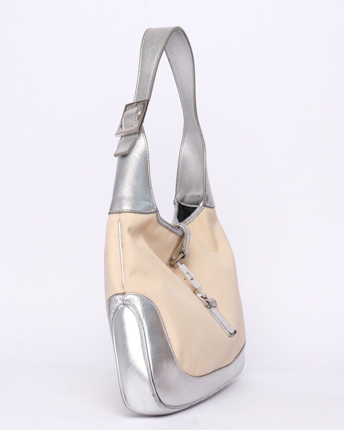 Gucci Beige Canvas & Silver Leather Jackie Bardot Shoulder Bag