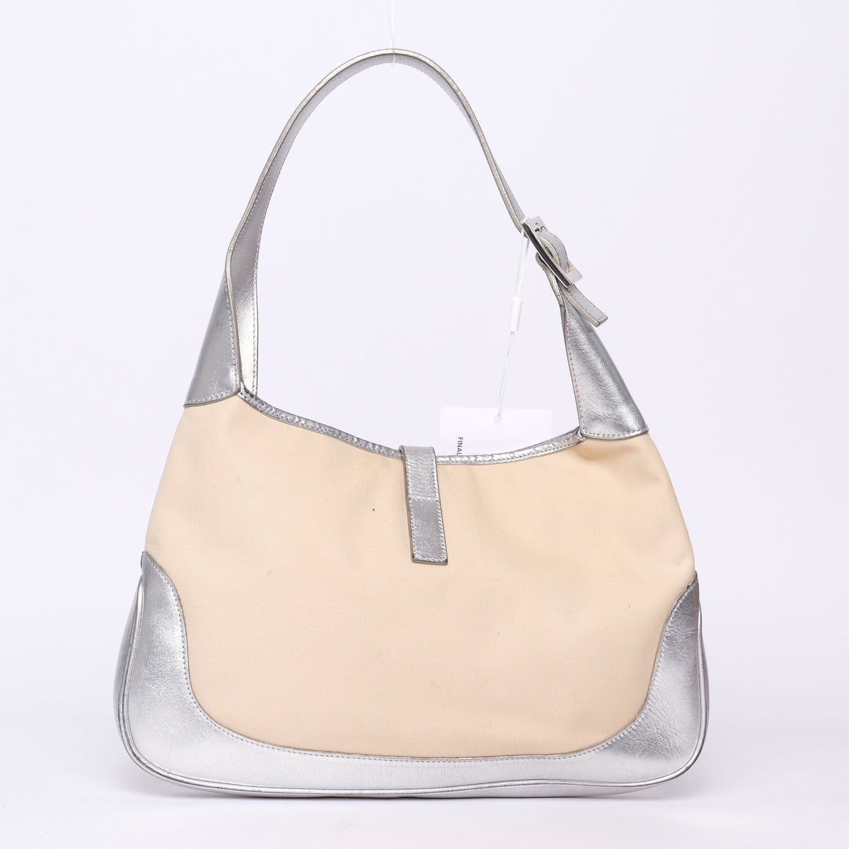 Gucci Beige Canvas & Silver Leather Jackie Bardot Shoulder Bag