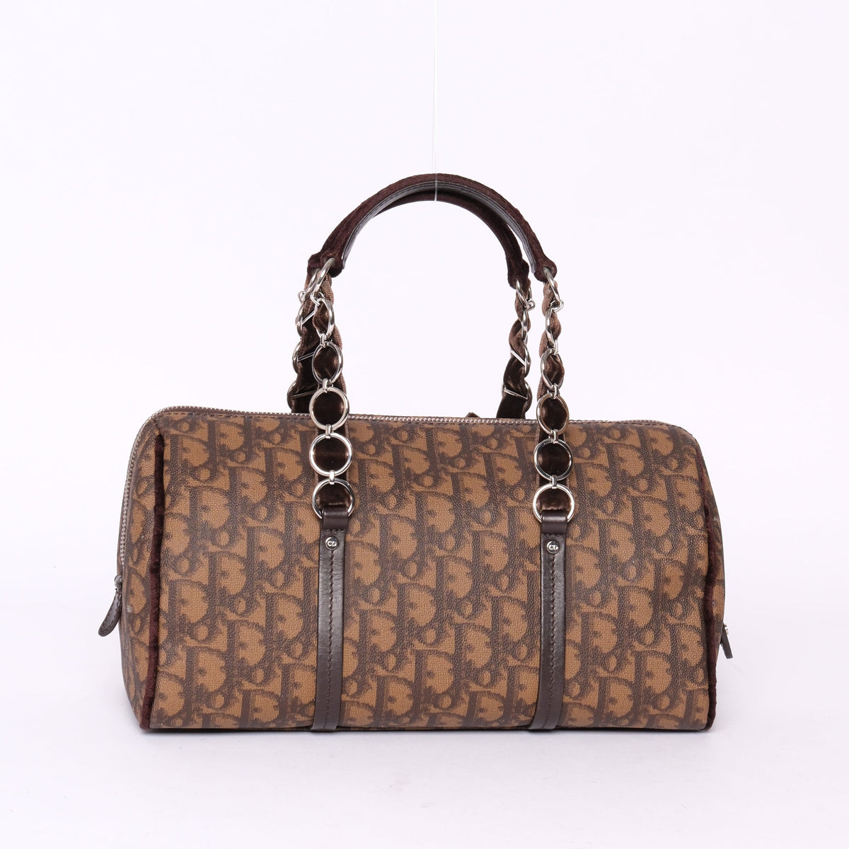 Christian Dior Brown Coated Canvas Trotter Monogram Romantique Boston Bag