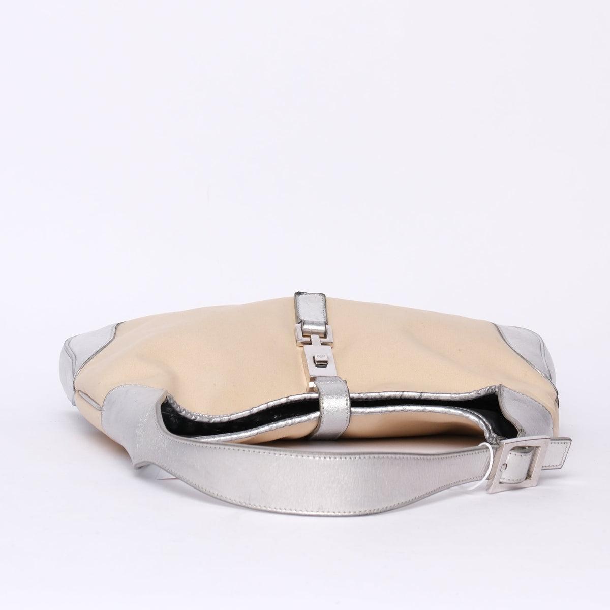 Gucci Beige Canvas & Silver Leather Jackie Bardot Shoulder Bag