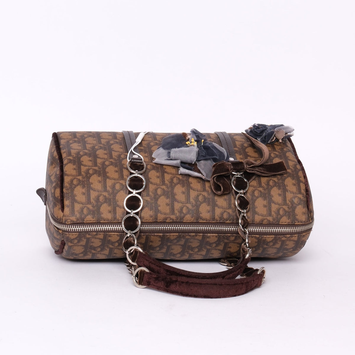 Christian Dior Brown Coated Canvas Trotter Monogram Romantique Boston Bag