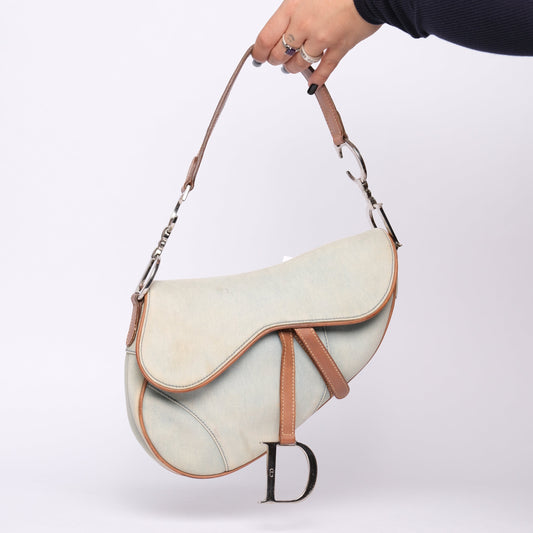 Christian Dior Light Blue Denim & Brown Leather Saddle Bag