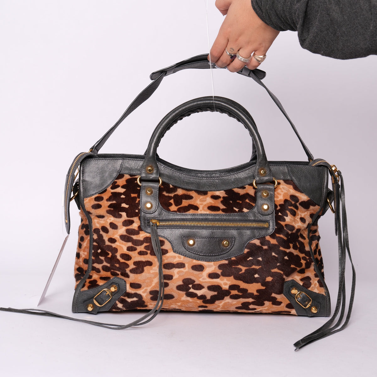 Balenciaga Cheetah Printed Pony-Hair & Leather City Bag
