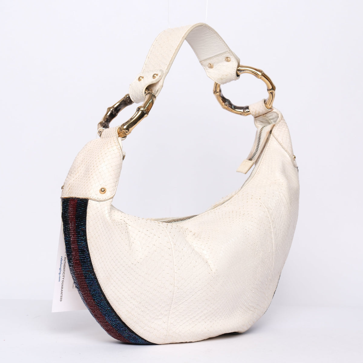RARE Gucci White Python & Beaded Web Trim Bamboo Hardware Shoulder Bag