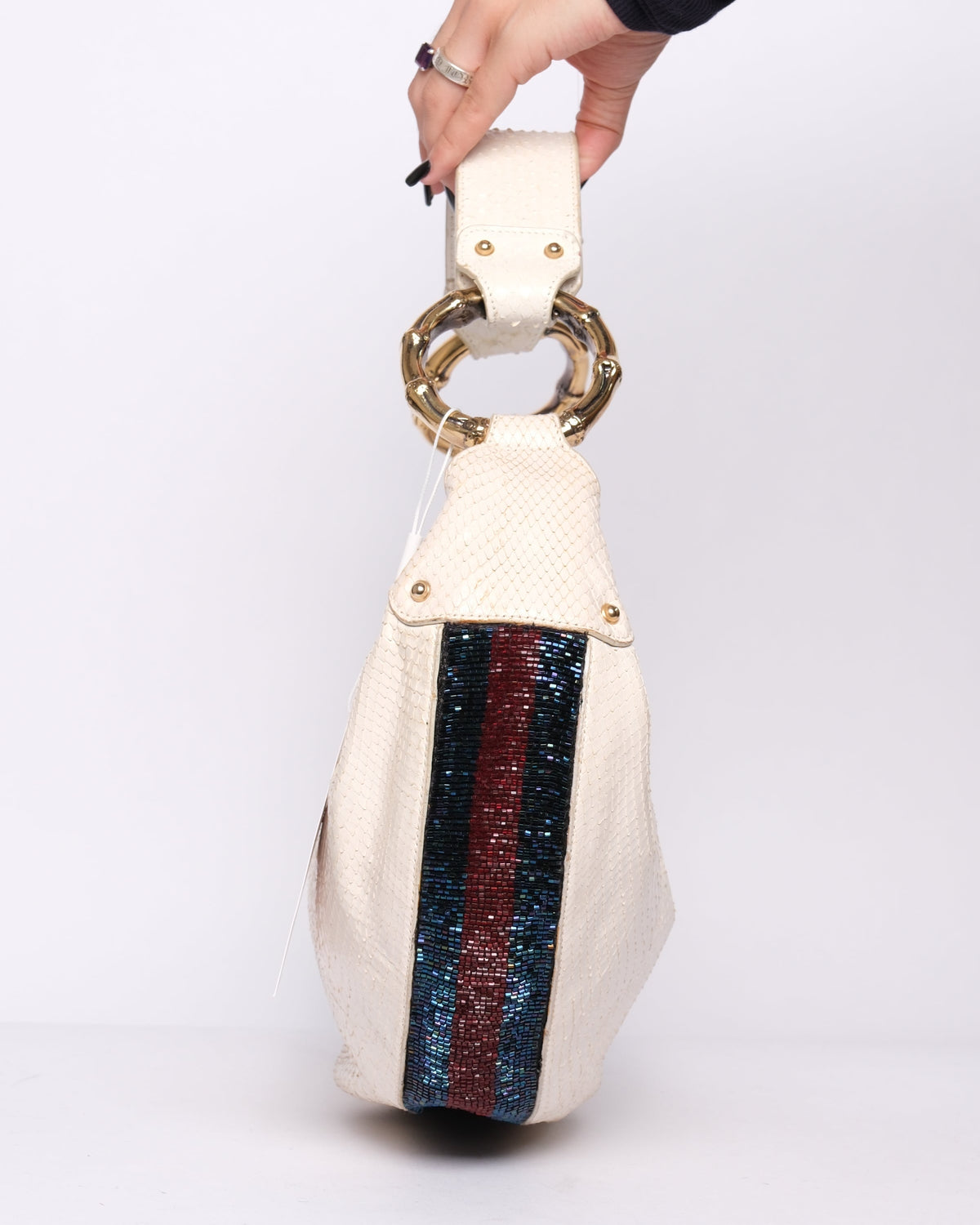RARE Gucci White Python & Beaded Web Trim Bamboo Hardware Shoulder Bag