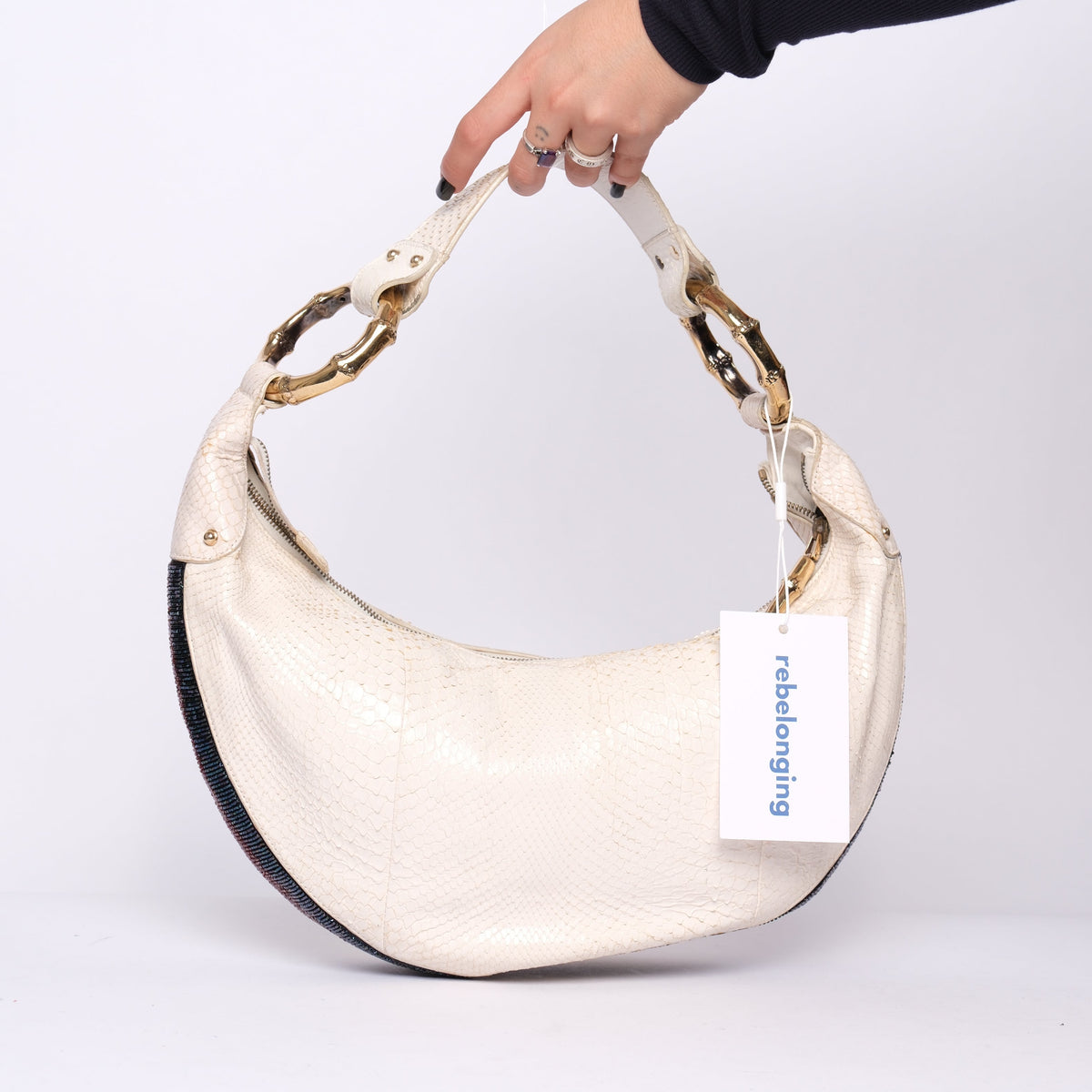 RARE Gucci White Python & Beaded Web Trim Bamboo Hardware Shoulder Bag