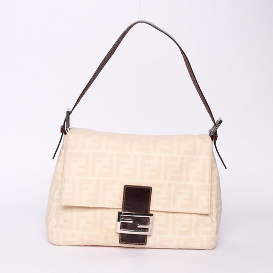 Fendi Beige Canvas & Leather Zucca Monogram Mamma Baguette Shoulder Bag