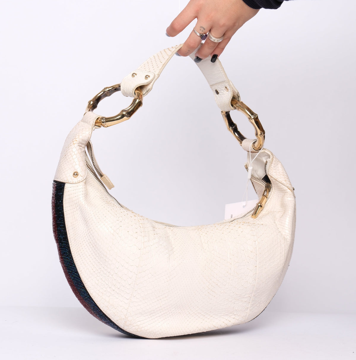 RARE Gucci White Python & Beaded Web Trim Bamboo Hardware Shoulder Bag