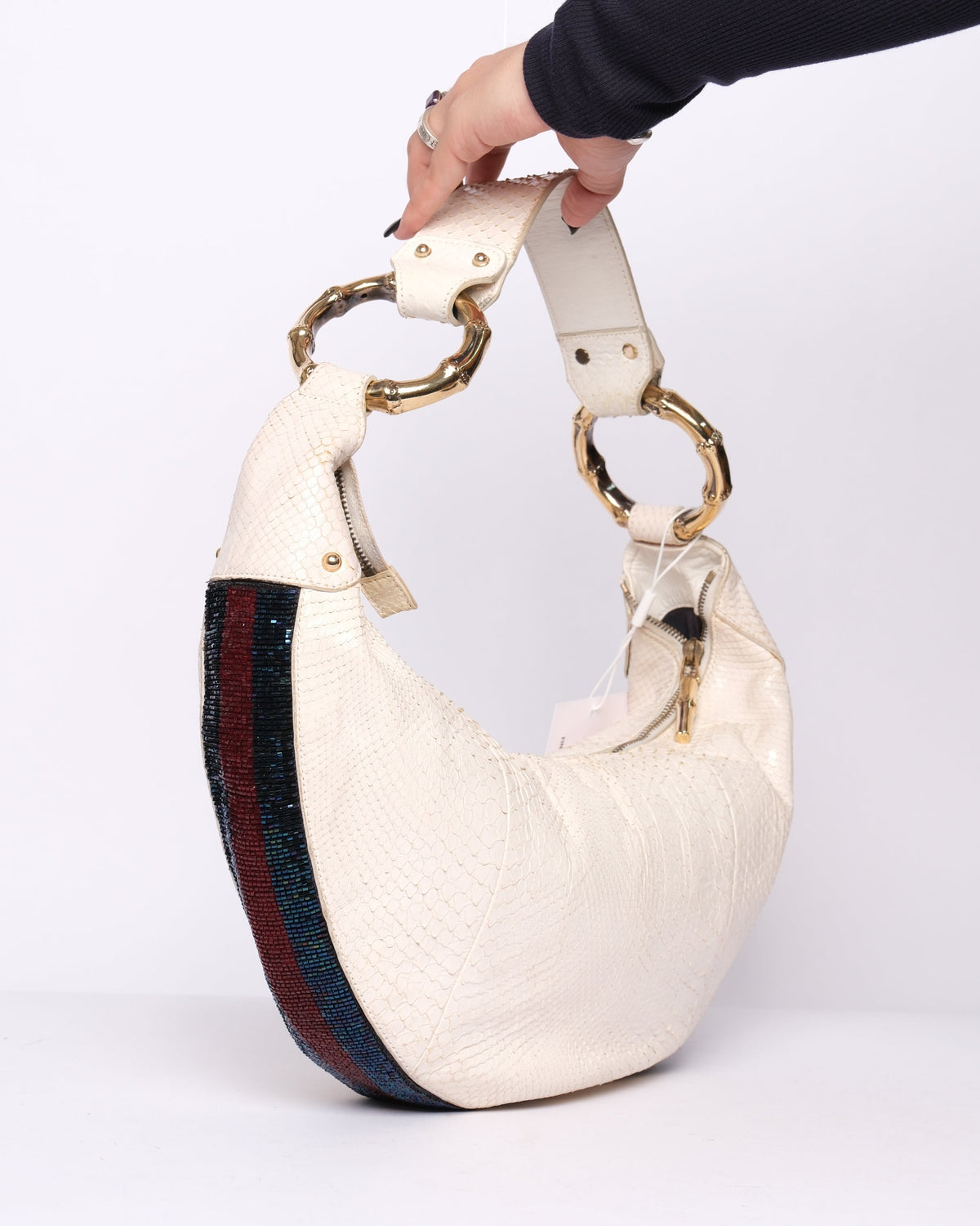RARE Gucci White Python & Beaded Web Trim Bamboo Hardware Shoulder Bag