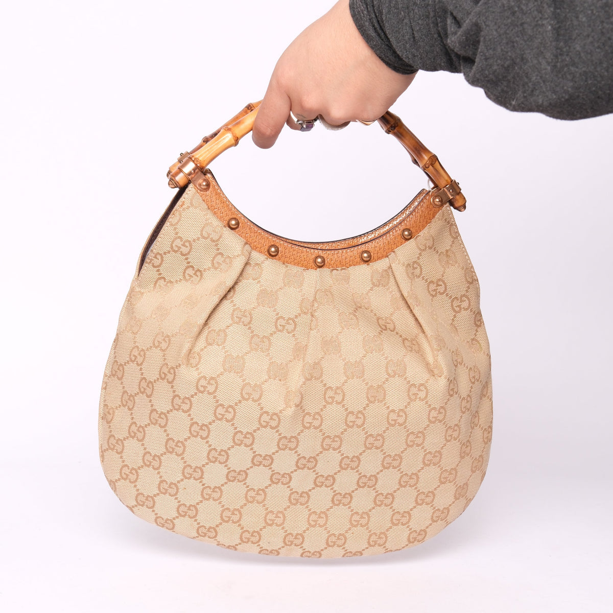 Gucci Beige Canvas Monogram Bamboo Handle Shoulder Bag