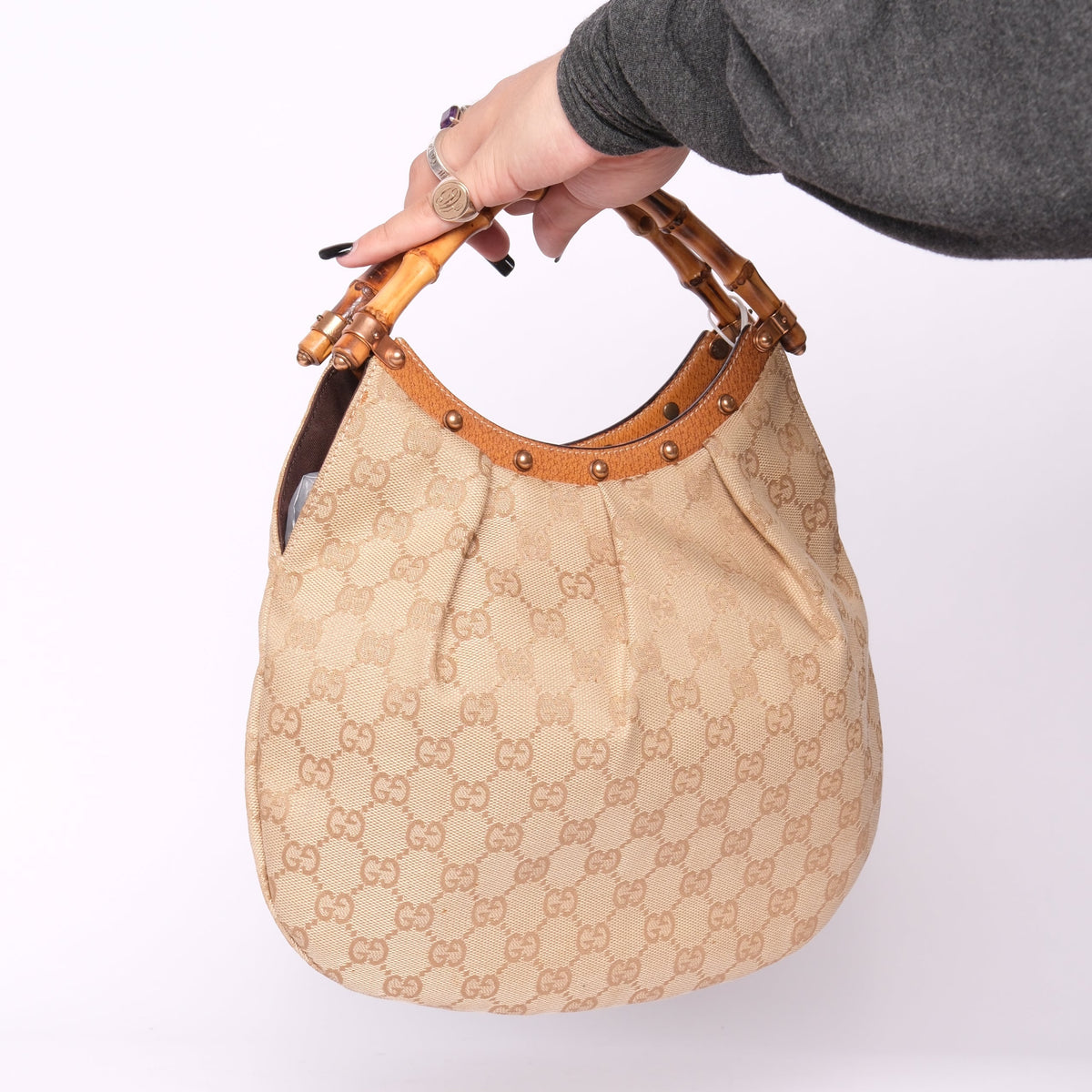 Gucci Beige Canvas Monogram Bamboo Handle Shoulder Bag
