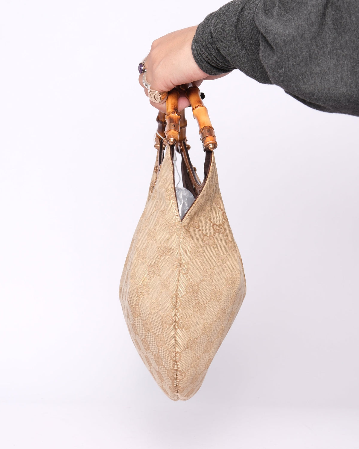 Gucci Beige Canvas Monogram Bamboo Handle Shoulder Bag