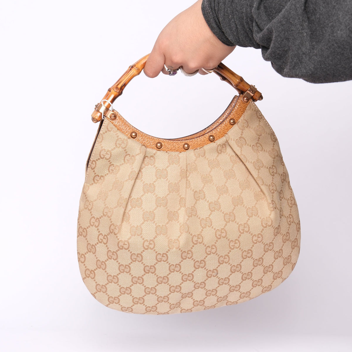 Gucci Beige Canvas Monogram Bamboo Handle Shoulder Bag