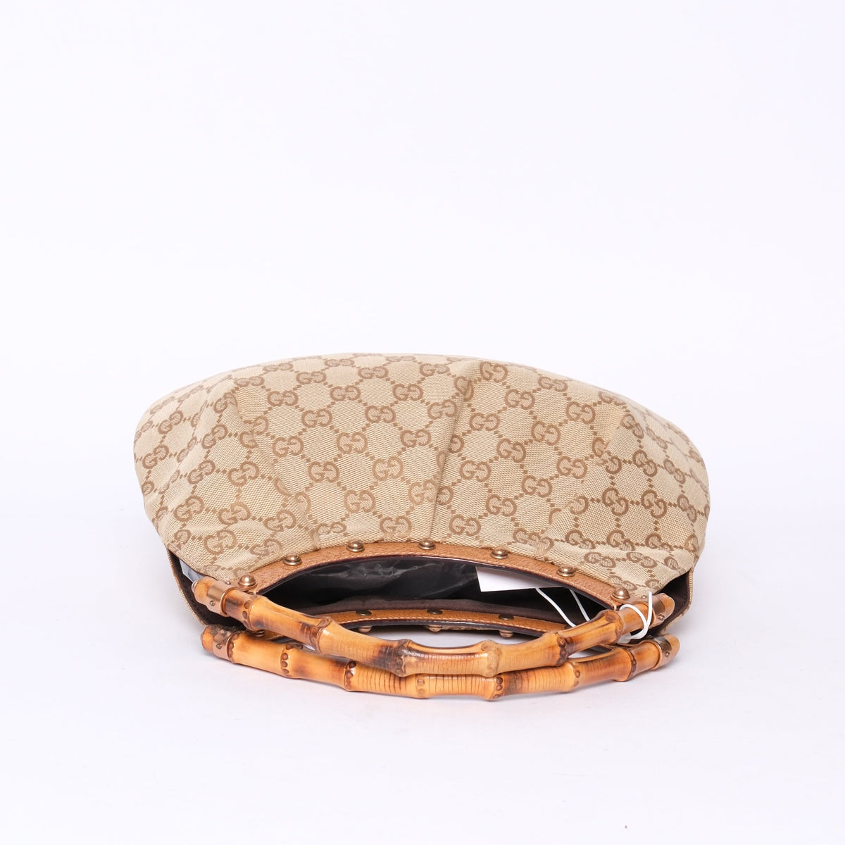 Gucci Beige Canvas Monogram Bamboo Handle Shoulder Bag