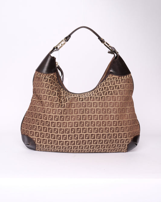 Fendi Brown Canvas & Leather Zucchino Monogram Shoulder Bag