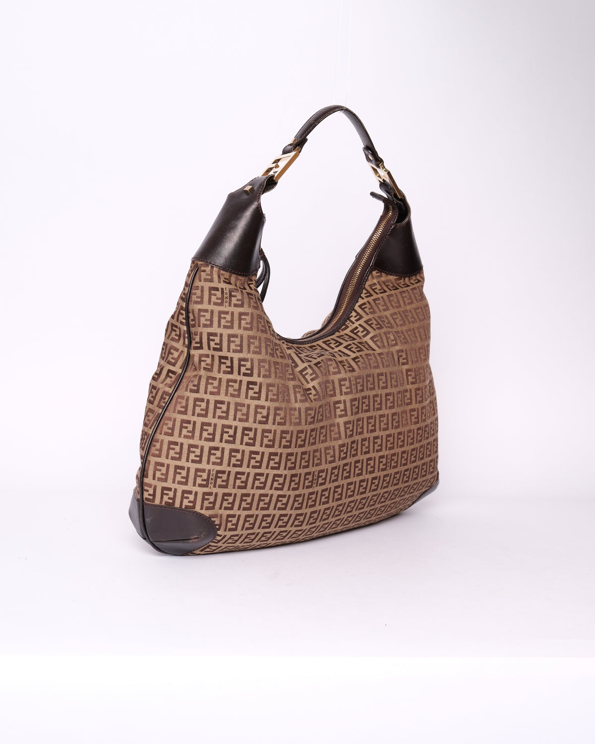 Fendi Brown Canvas & Leather Zucchino Monogram Shoulder Bag