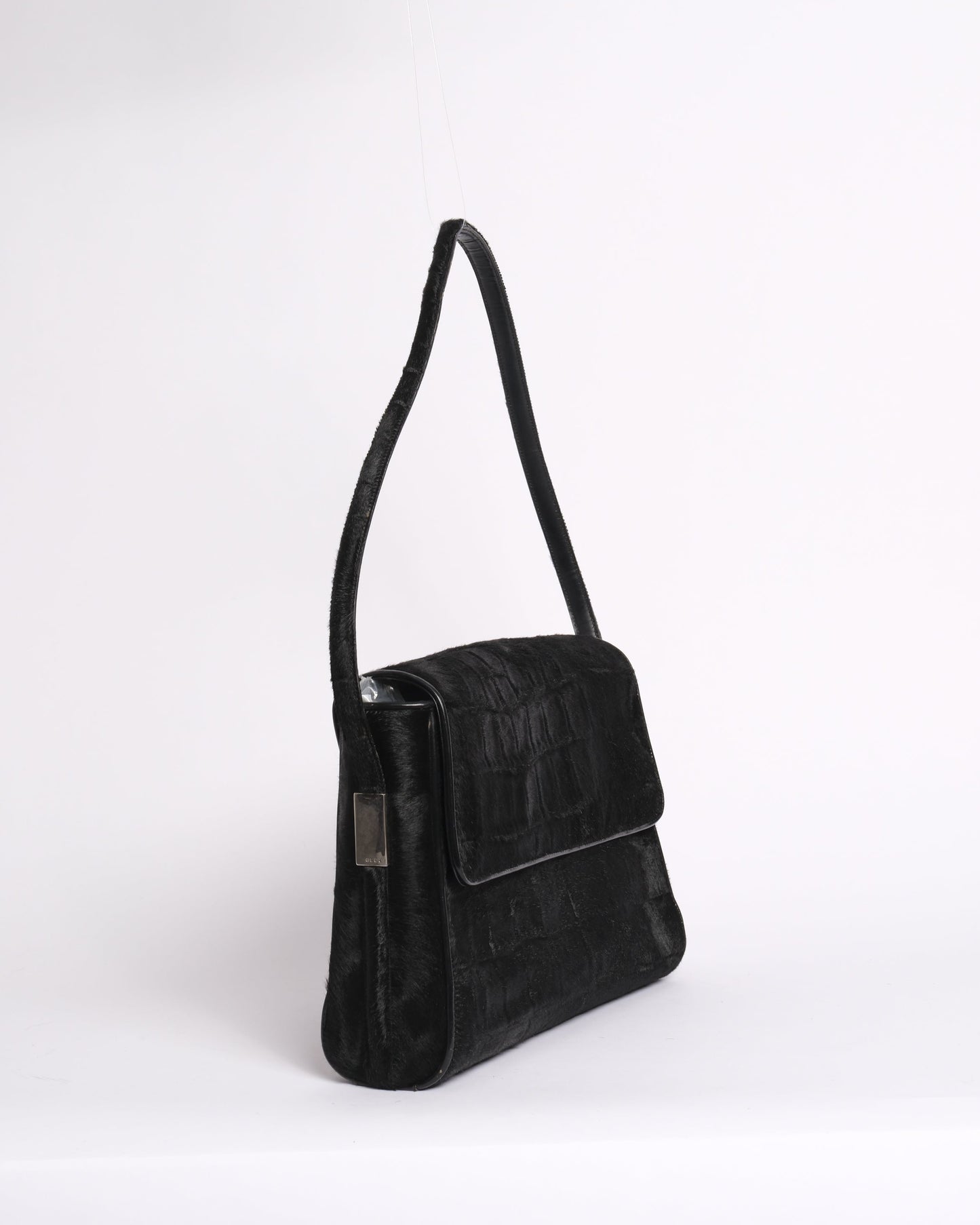 Gucci Black Crocodile Embossed Pony Hair Shoulder Bag