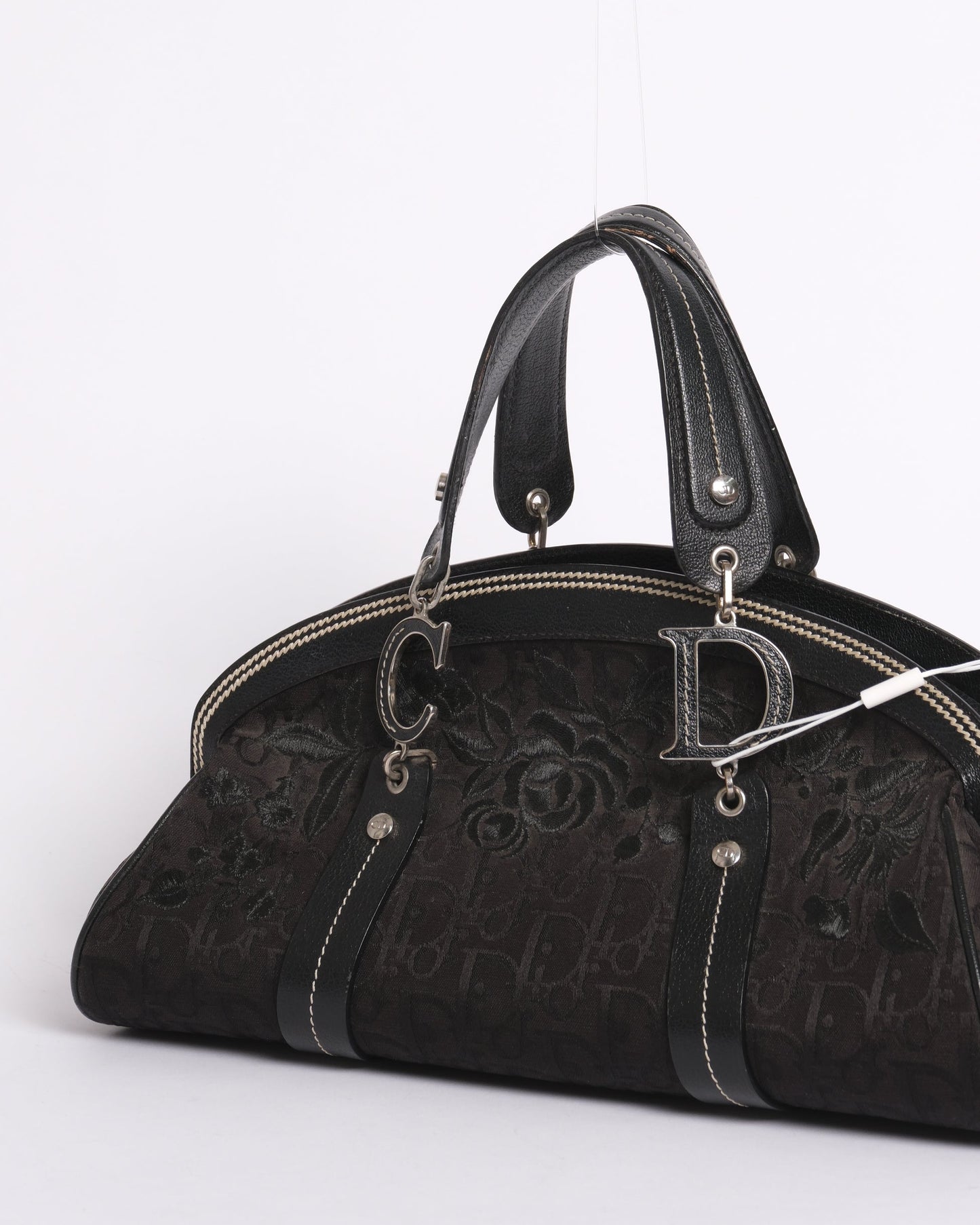 Christian Dior Black Trotter Embroidered Floral Bowler Bag