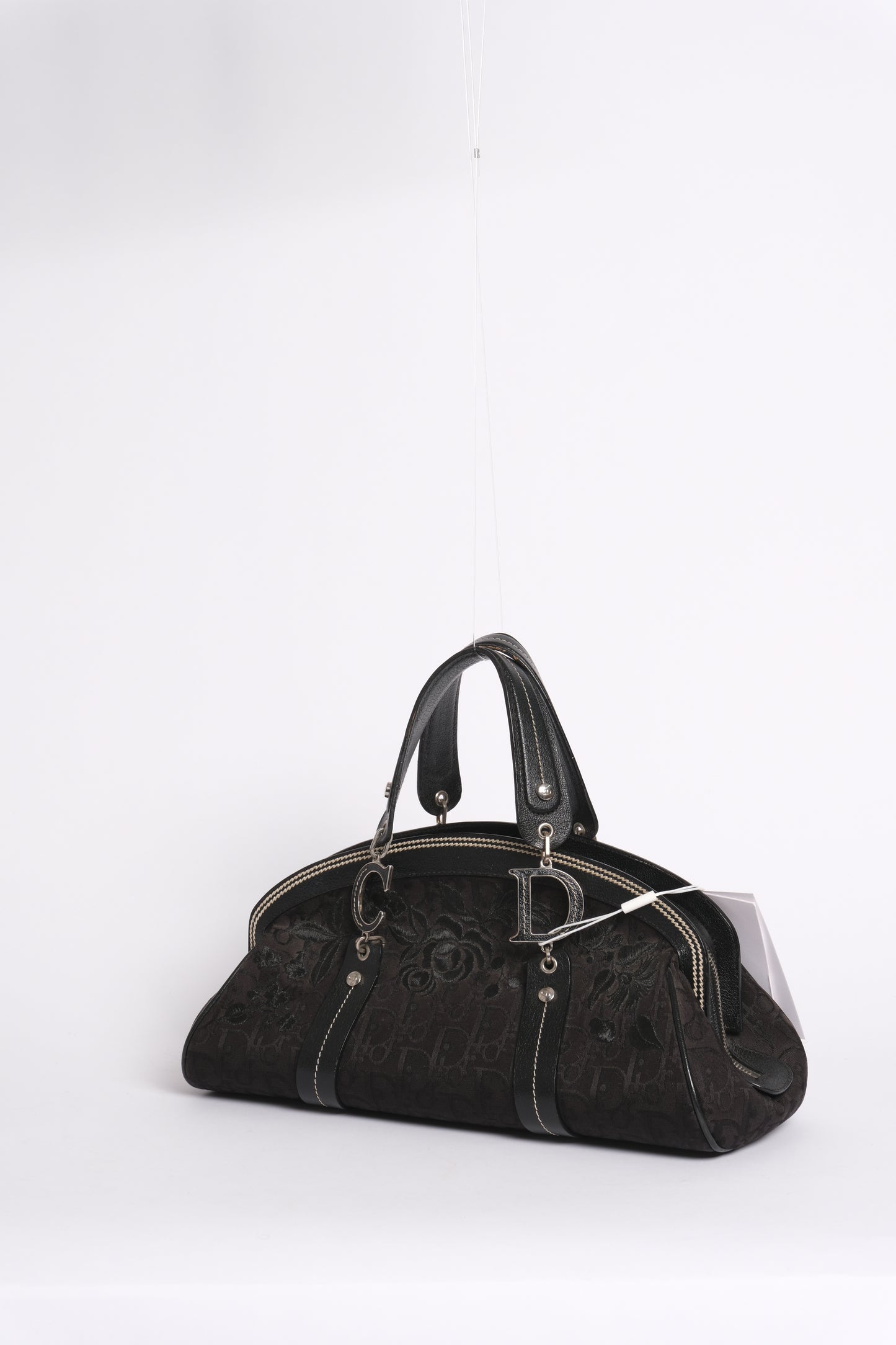 Christian Dior Black Trotter Embroidered Floral Bowler Bag