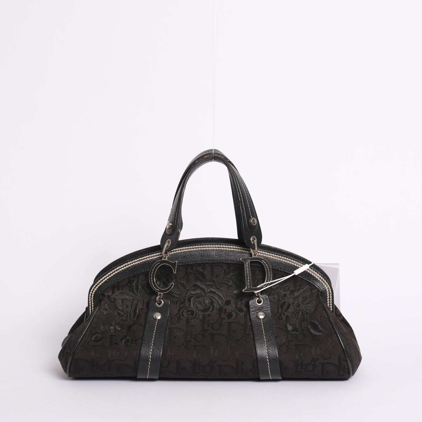 Christian Dior Black Trotter Embroidered Floral Bowler Bag