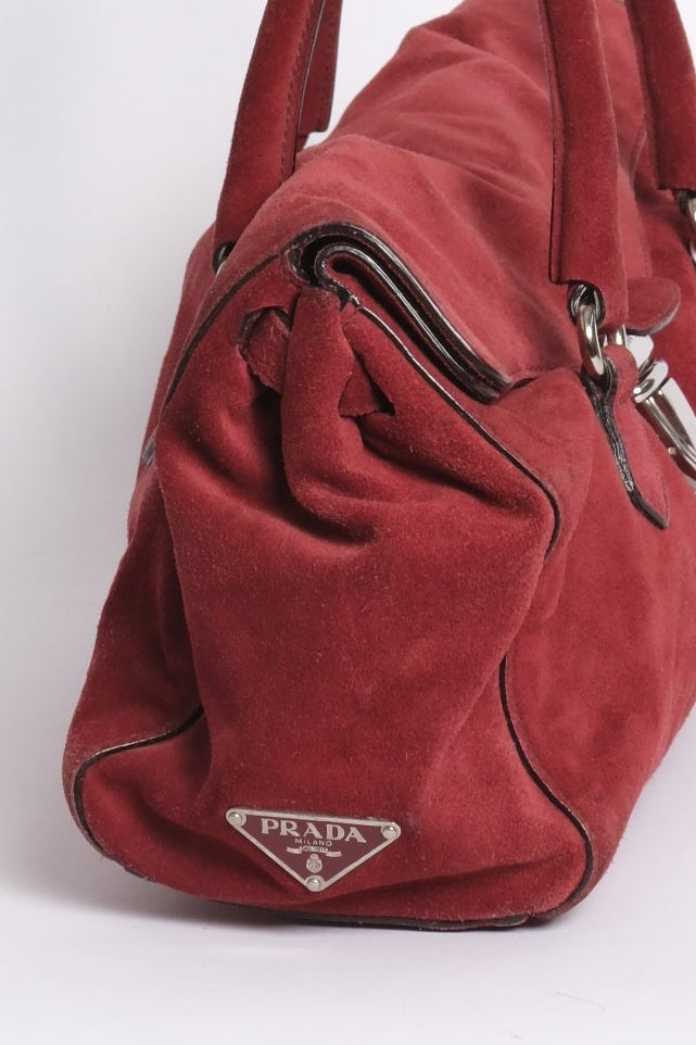 Prada Red Suede Camoscio Push Lock Shoulder Bag
