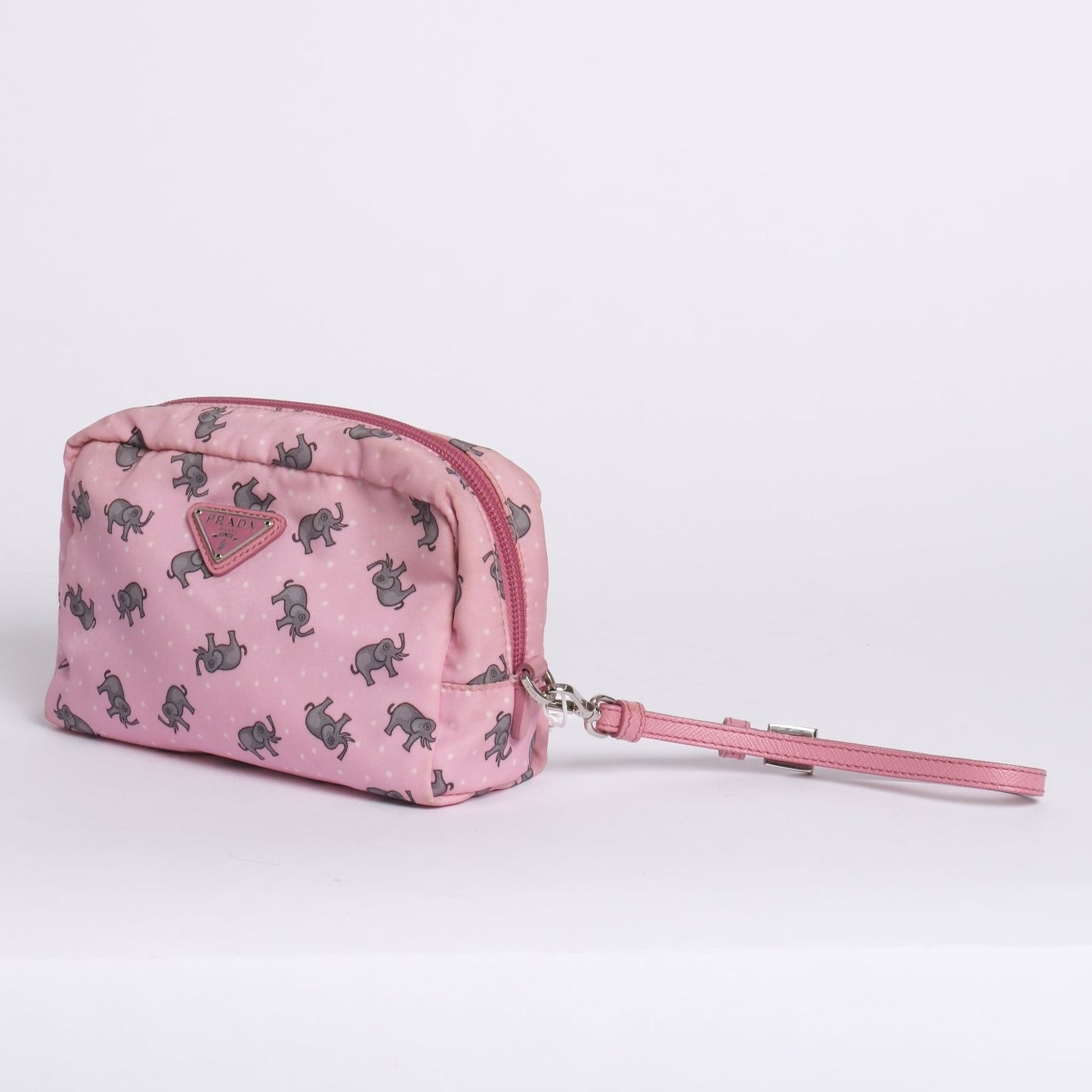 Prada Pink Nylon Elephant Print Cosmetic Bag
