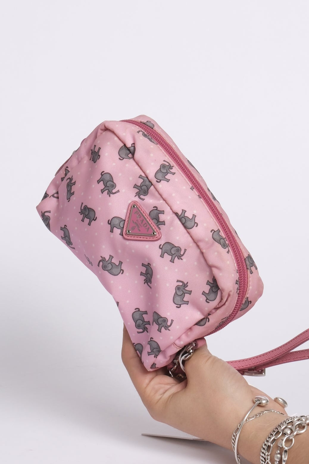 Prada Pink Nylon Elephant Print Cosmetic Bag
