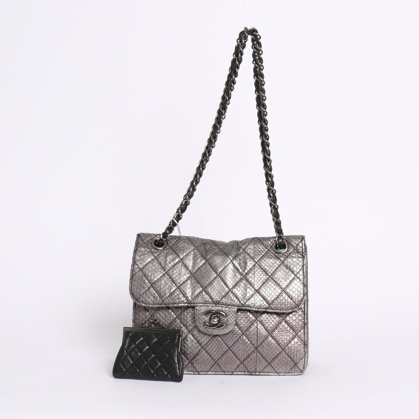 Chanel Silver Python Leather Square Flap Chain Shoulder Bag