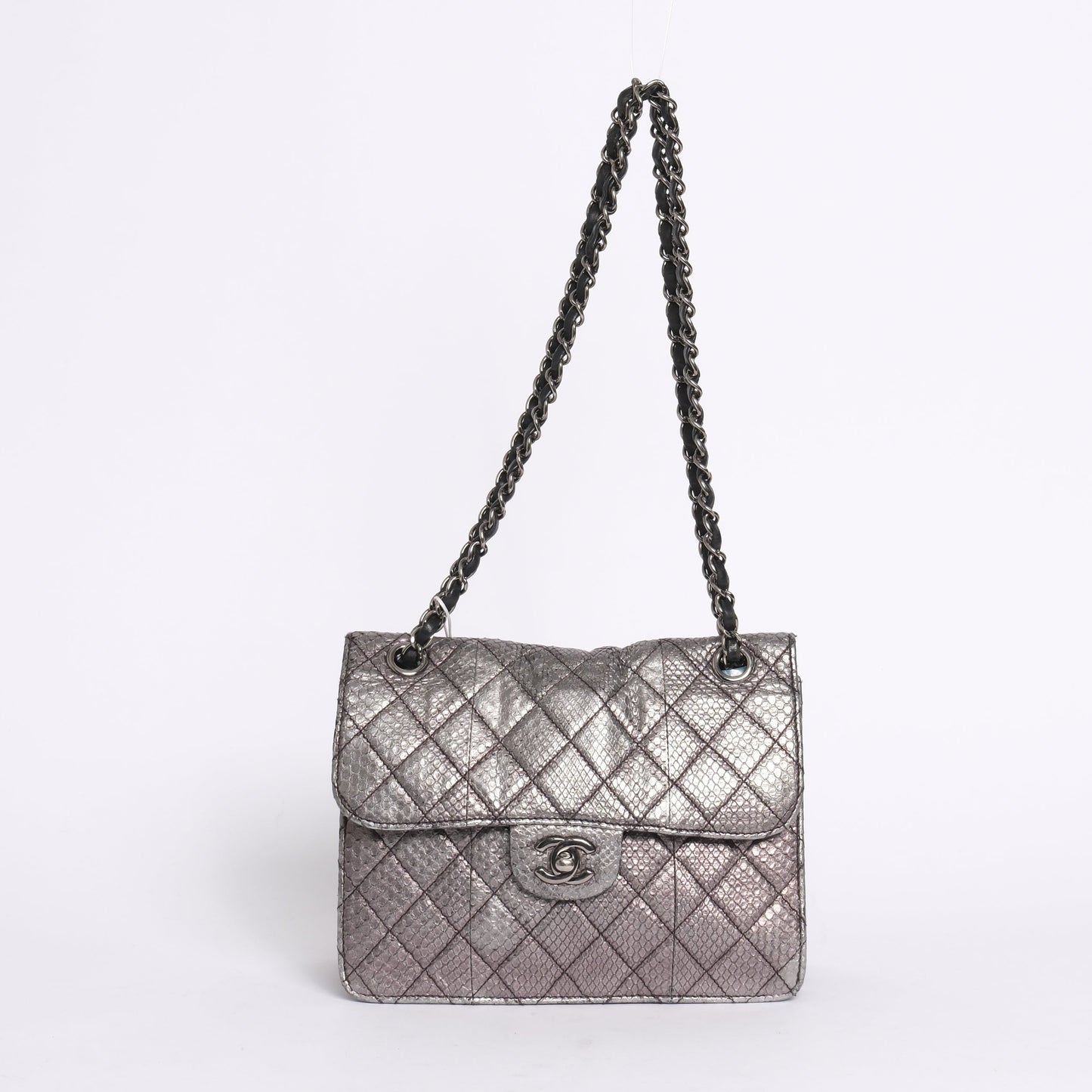 Chanel Silver Python Leather Square Flap Chain Shoulder Bag