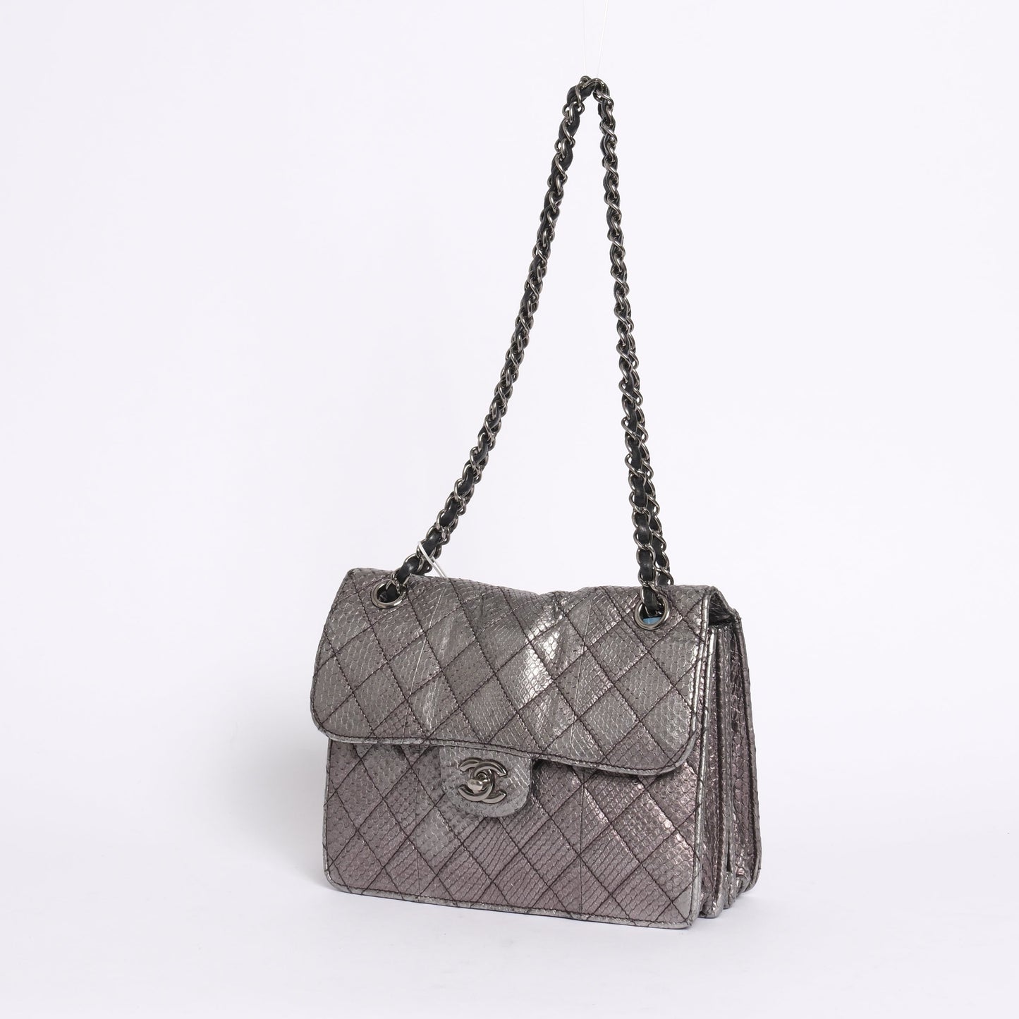 Chanel Silver Python Leather Square Flap Chain Shoulder Bag