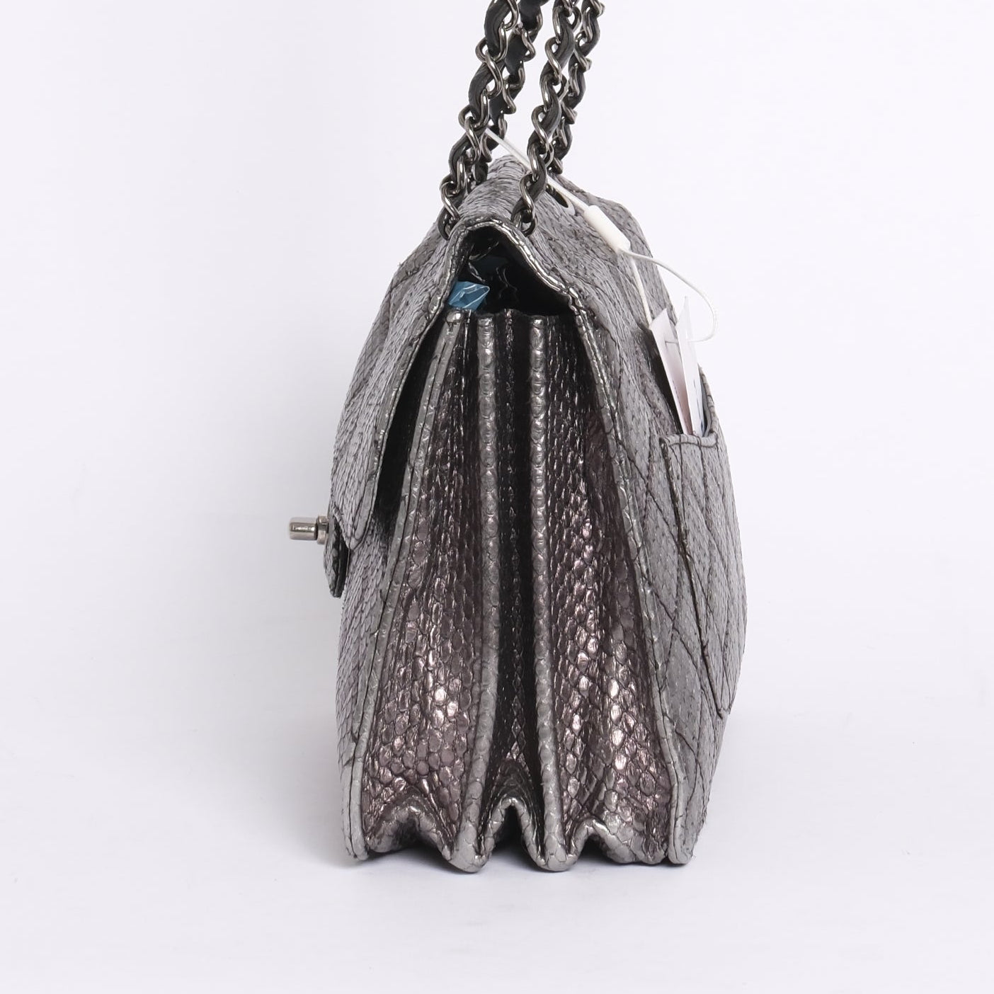 Chanel Silver Python Leather Square Flap Chain Shoulder Bag