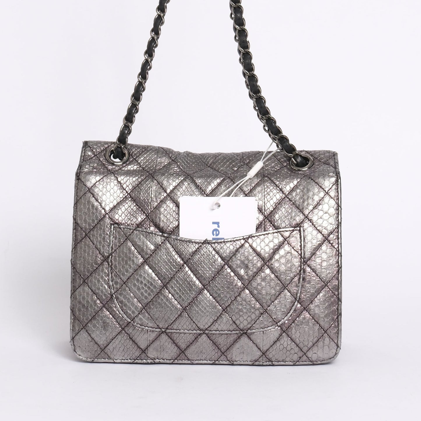 Chanel Silver Python Leather Square Flap Chain Shoulder Bag