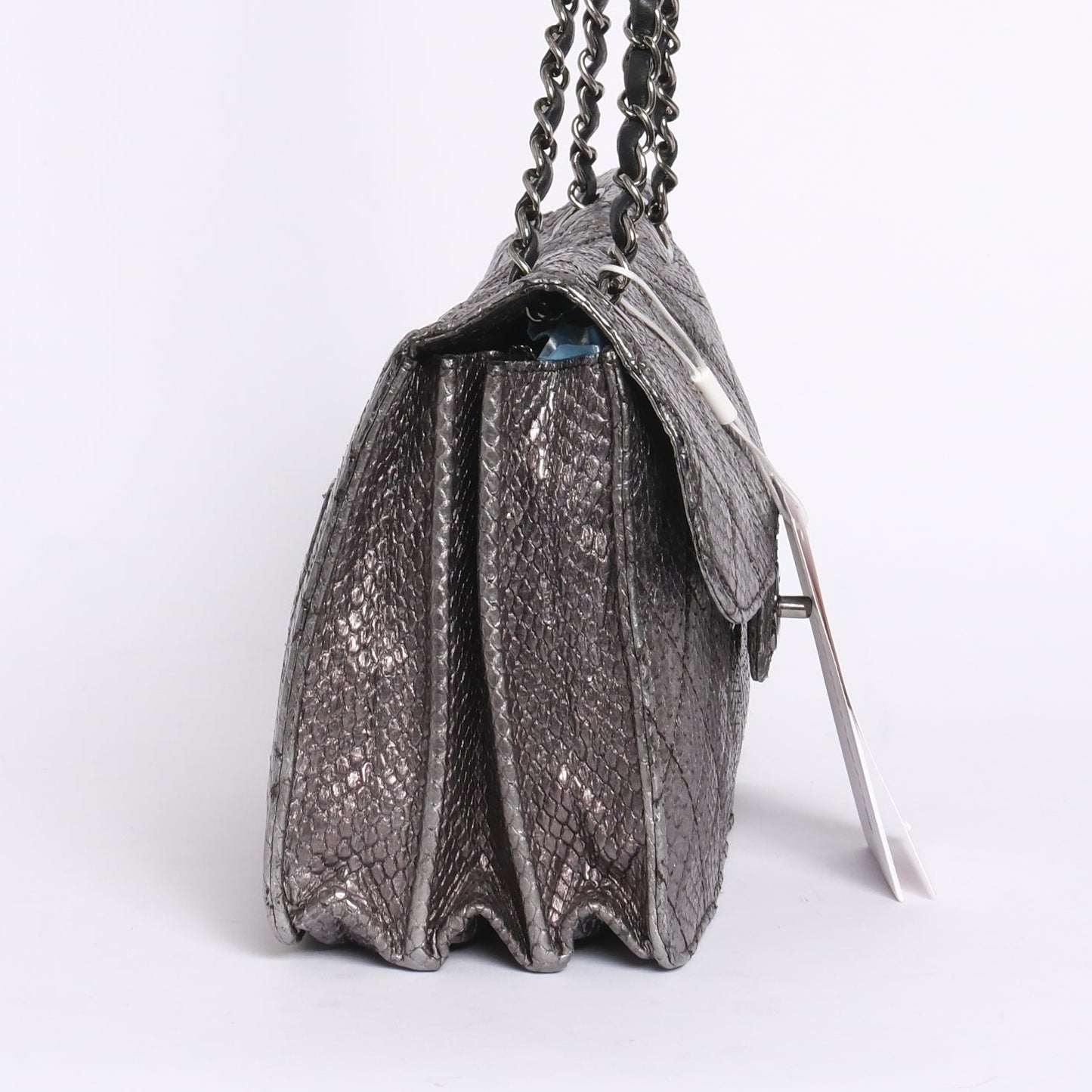 Chanel Silver Python Leather Square Flap Chain Shoulder Bag