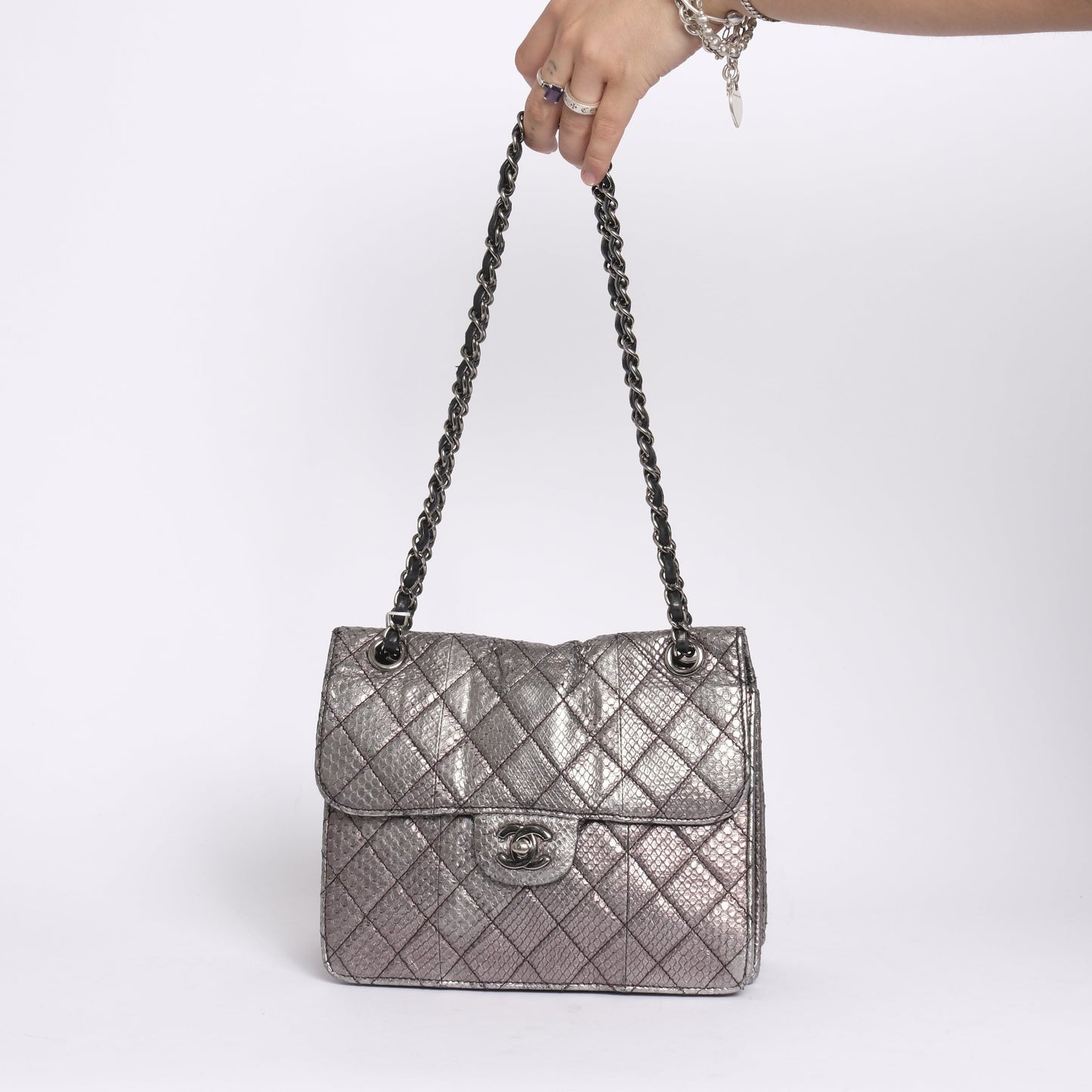 Chanel Silver Python Leather Square Flap Chain Shoulder Bag