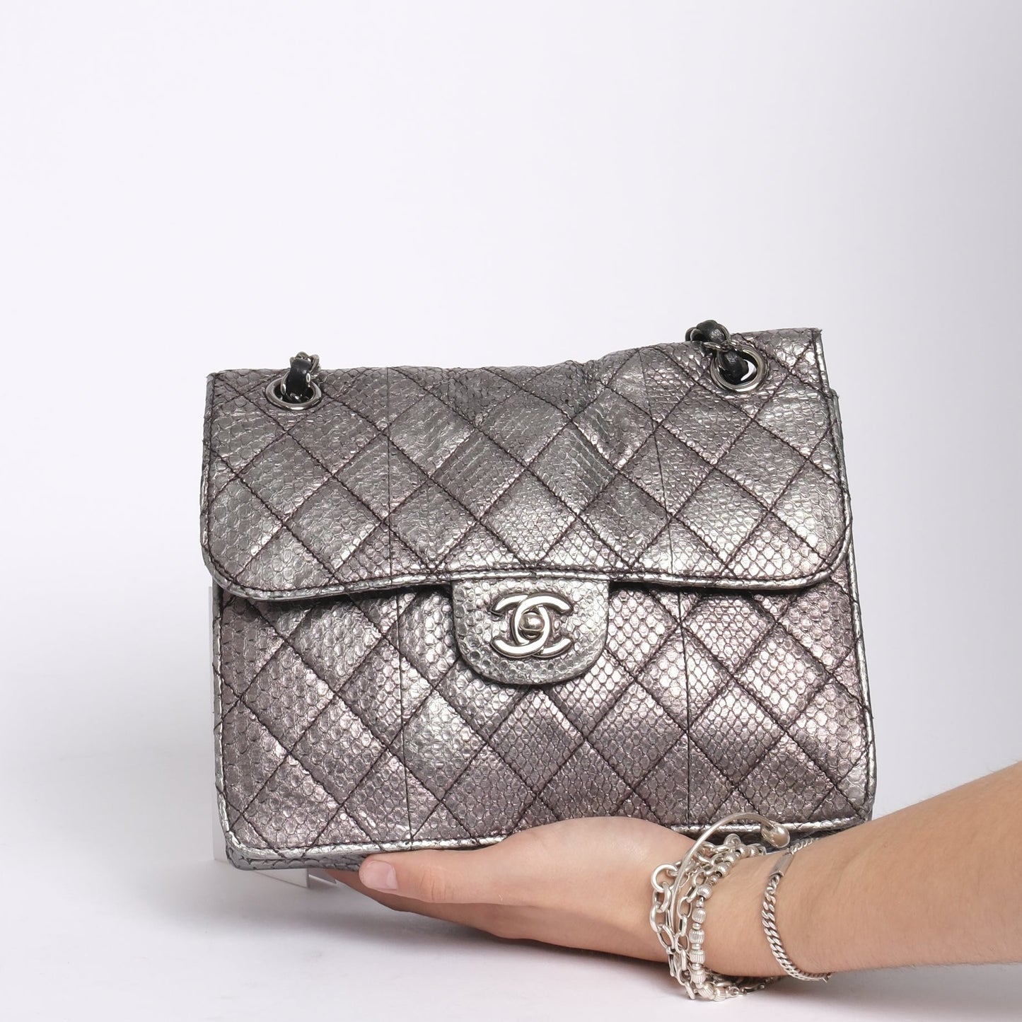 Chanel Silver Python Leather Square Flap Chain Shoulder Bag